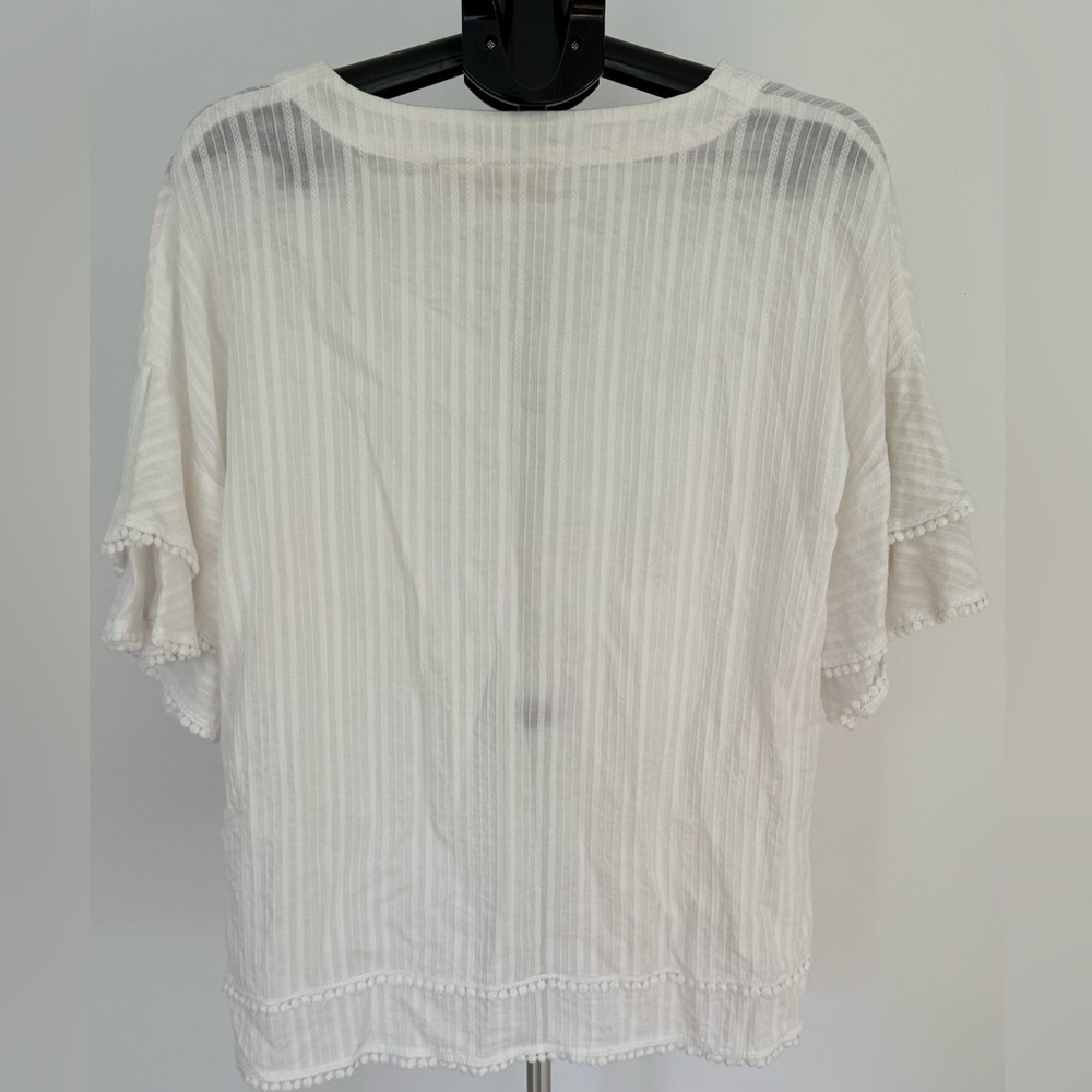 Cynthia Rowley White Sheer Striped Pom-Pom Trim Top | Size Large | Chic & Breezy - Picture 2 of 3